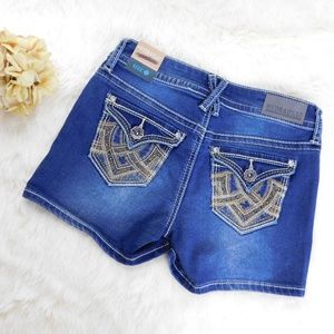 Hydraulic Jean Shorts Lola Curvy Mid Rise Sz1 Bling Flap Pocket Distressed Denim